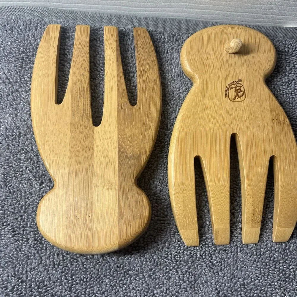 Totally Bamboo Salad Hands Set 2pc Moso Wood Servers Tongs with Thumb Grip Hook